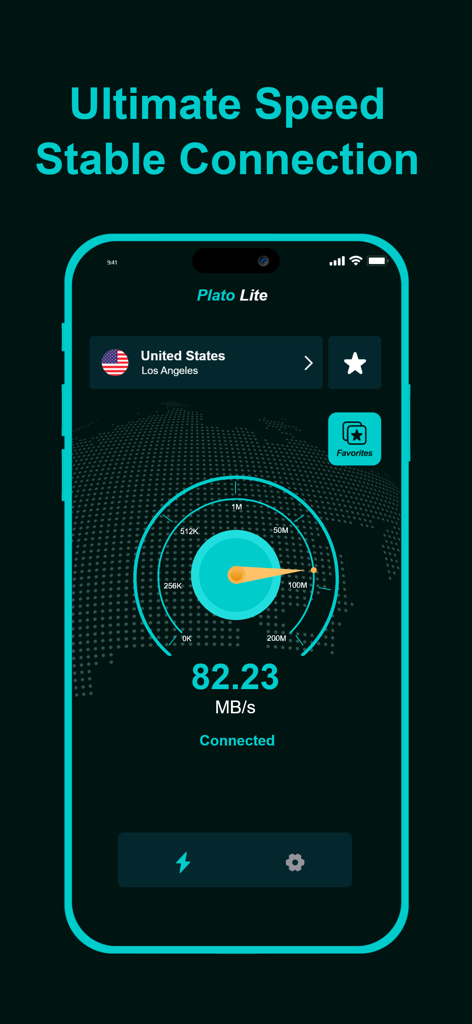 Plato VPN app interface showing high speed connection and stable server in Los Angeles
