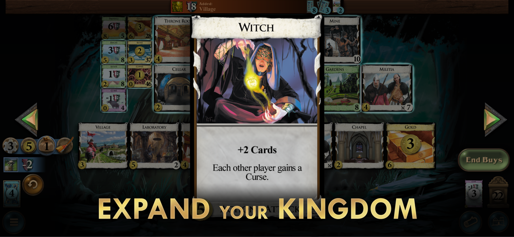 Captura de tela do jogo de cartas Dominion mostrando a carta de ação Bruxa e a interface de expansão do reino