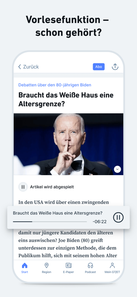 GT/ET - News und Podcast - GT ET news app interface showing a news article with the read-aloud audio feature enabled