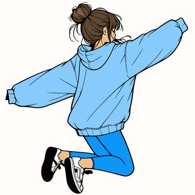 realistic girl jumping with a bun and oversized sweatshirt