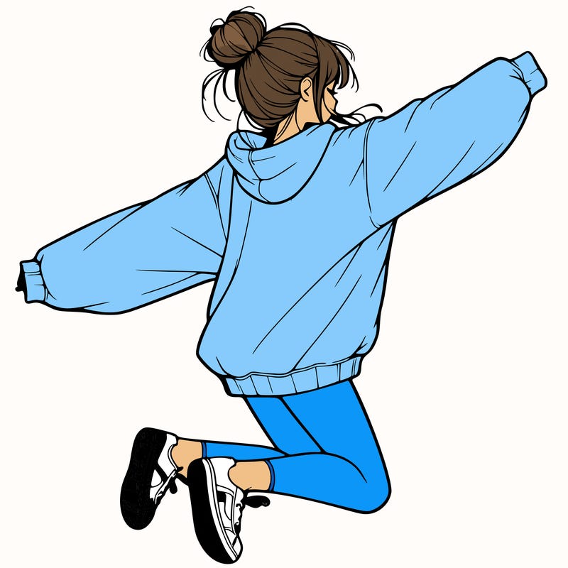realistic girl jumping with a bun and oversized sweatshirt