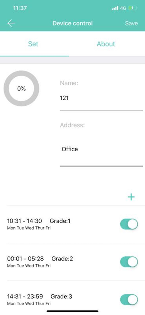 Scent Marketing - Scent Marketing app screen showing device settings with scent levels and custom schedules