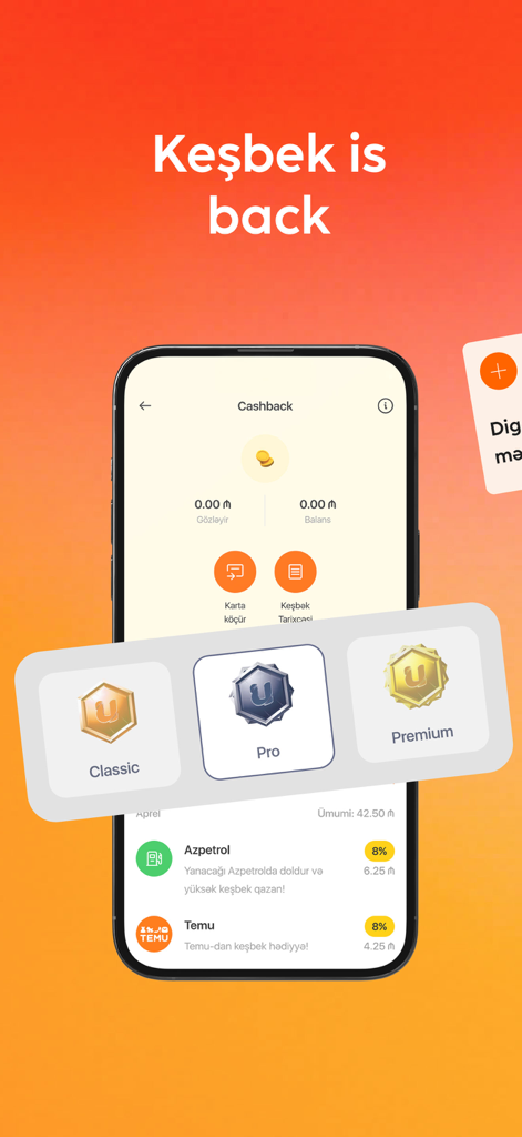 UBank by Unibank - Schermata dell'app mobile che mostra i livelli di abbonamento cashback di UBank Classic Pro e Premium con i premi delle transazioni recenti