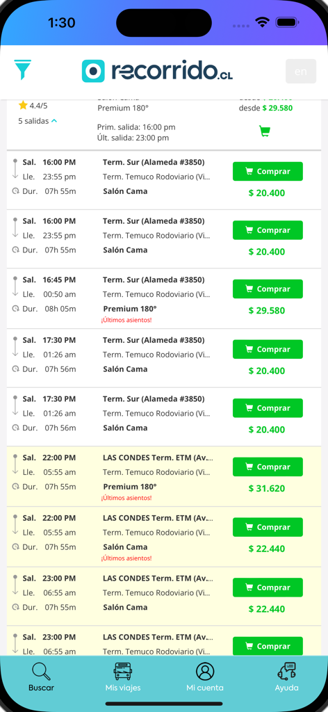 Recorrido mobile app screen showing a list of bus departure times, seat categories, and ticket prices for travel in Chile