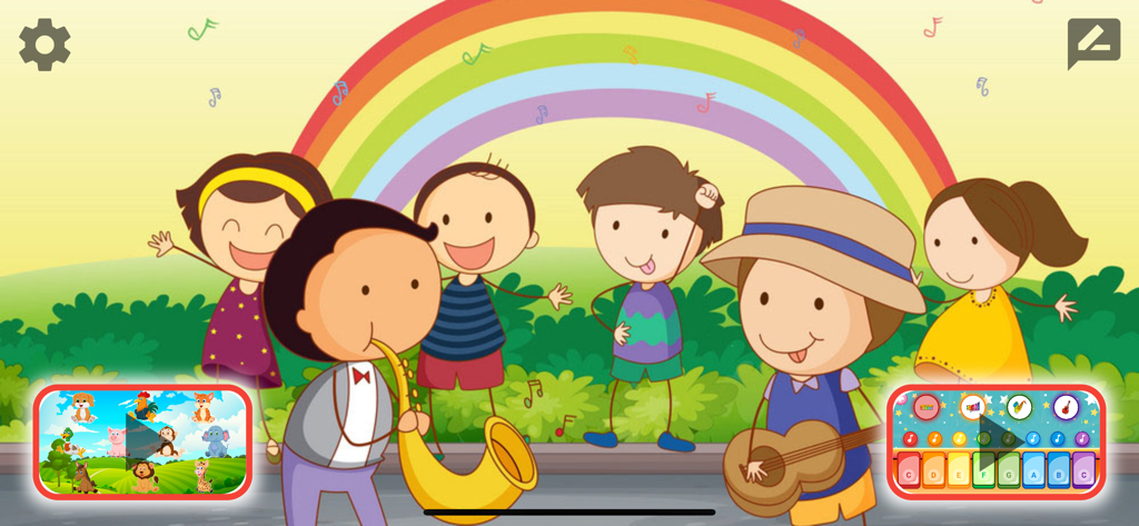 Piano Kids - Animal Sounds - Niños de dibujos animados tocando instrumentos musicales bajo un arcoíris en la interfaz de una aplicación educativa y colorida.