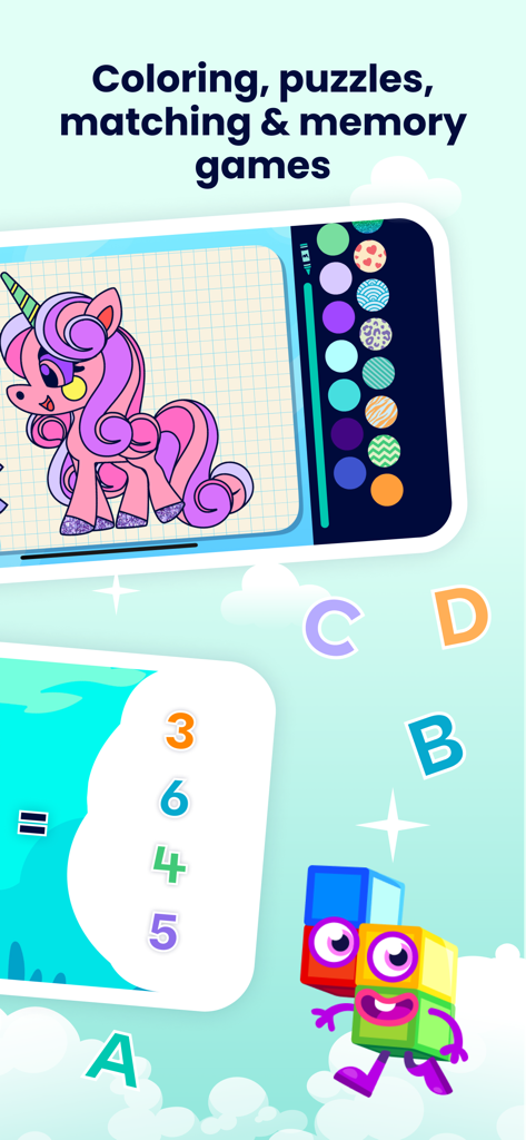 Jogos educativos infantis com atividades de colorir e quebra-cabeças de números no Moshi Kids