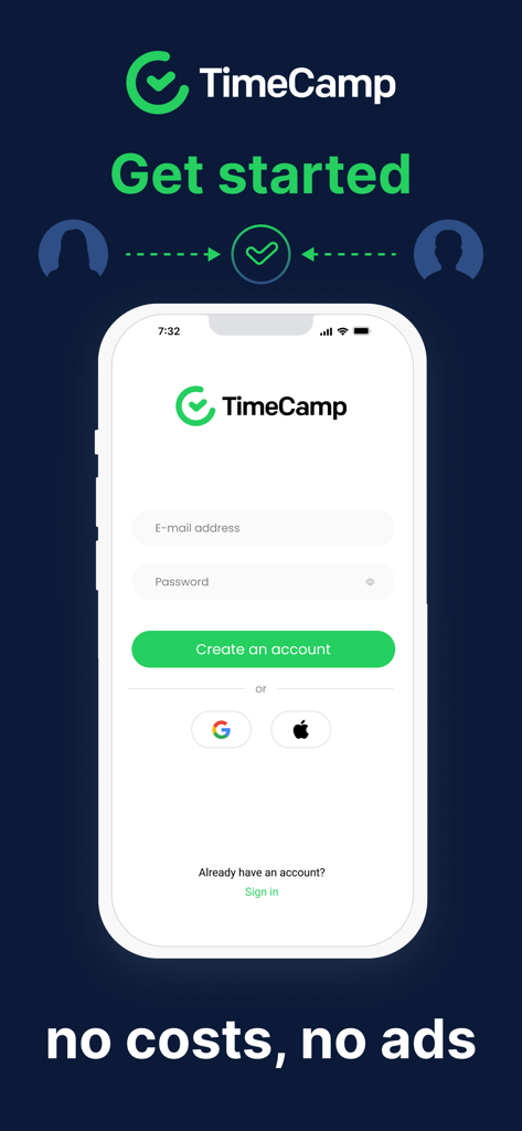 Pantalla de registro de TimeCamp Time Tracker mostrando campos de correo electrónico y contraseña con opciones de inicio de sesión social