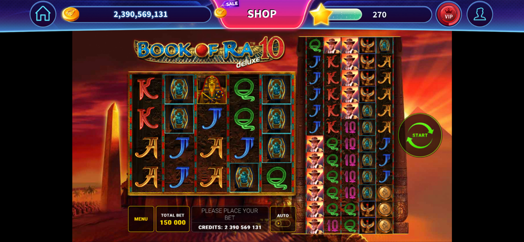 Book of Ra™ Deluxe Slot - Schermata di gioco della slot machine Book of Ra Deluxe 10 con due set di bobine a tema antico egizio.