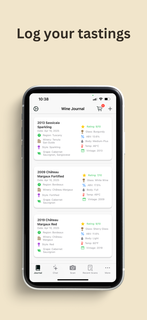VinoVision: Wine Scanner - VinoVision app interface displaying a personal wine journal with logged bottle details and ratings