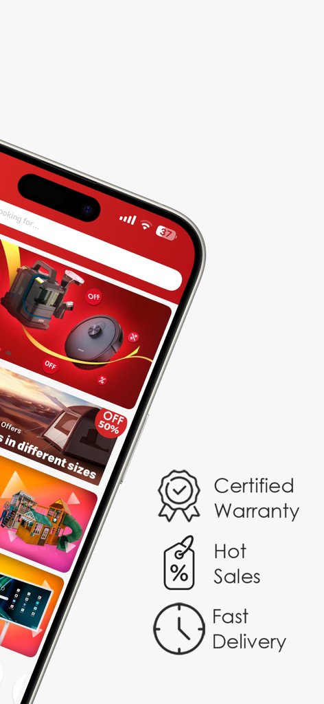 Mobile screen of Jomla app highlighting certified warranty hot sales and fast delivery icons