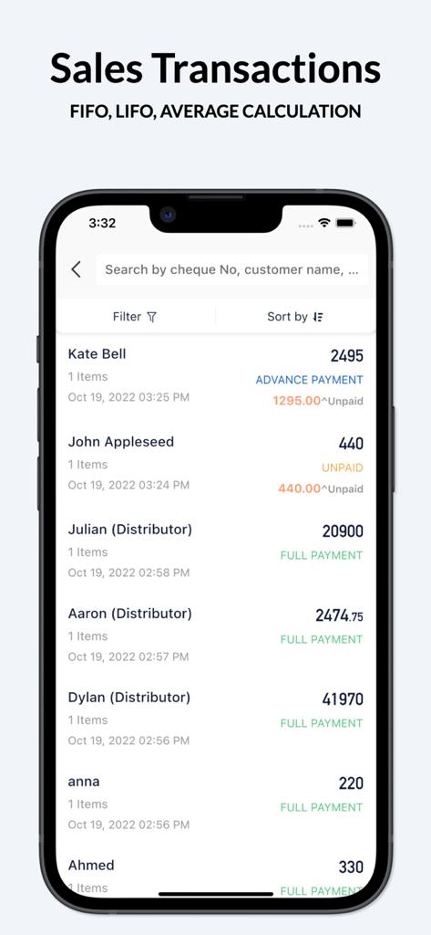 Naye Inventory Management App - Sales transactions screen of the Naye Inventory Management App showing customer payment statuses and inventory calculation methods
