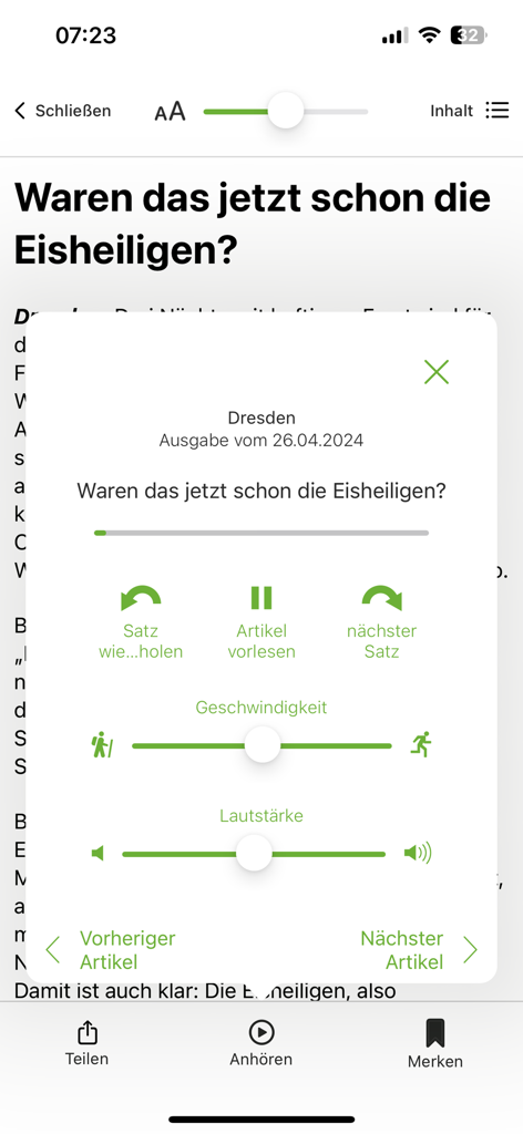 Text-to-Speech-Wiedergabeoberfläche in der SZ E-Paper App mit Audiosteuerung für einen Nachrichtenartikel