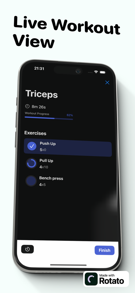 Peak Strength Workout Tracker - Smartphone screen showing a live triceps workout session with exercise progress and a list of exercises including push ups and pull ups.