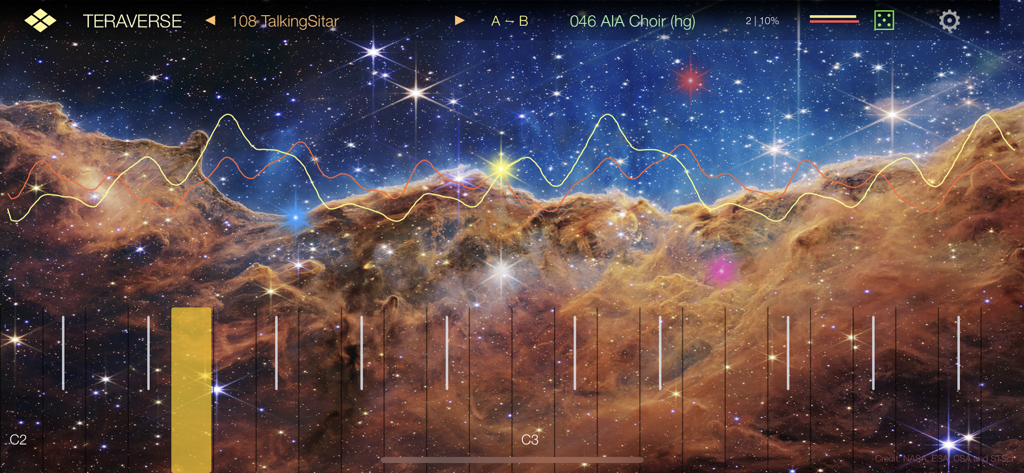 Teraverse - Teraverse synthesizer app interface featuring a nebula background and sound morphing controls