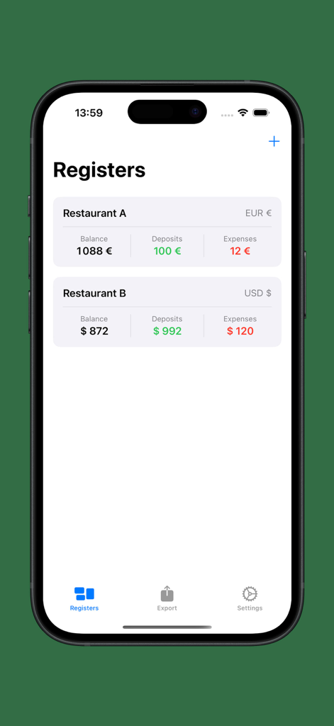 Cash Register Multi - Panel de control de la aplicación Cash Register Multi en iPhone mostrando una lista de cajas registradoras gestionadas para diferentes ubicaciones de negocios.