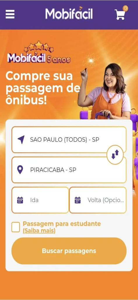 Mobifácil Oficial - Interfaz de la aplicación Mobifacil para buscar y reservar boletos de autobús en Brasil