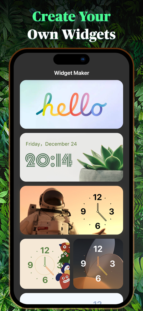 Themes: Widget,Wallpaper,Icon - Pantalla de smartphone que muestra un creador de widgets con varios diseños de reloj y texto estéticos
