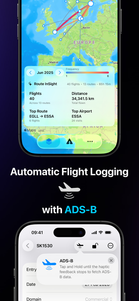 Airlog app interface showing a flight route map and automatic ADS-B logging features on an iPhone