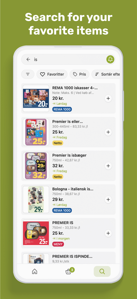 eTilbudsavis - 다양한 소매점의 아이스크림 관련 식료품 할인 정보를 보여주는 eTilbudsavis 앱의 모바일 검색 인터페이스