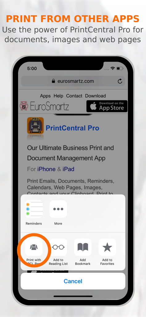 PrintCentral Pro for iPhone - iPhone screenshot showing PrintCentral Pro integrated into the iOS share menu to print from other apps like Safari
