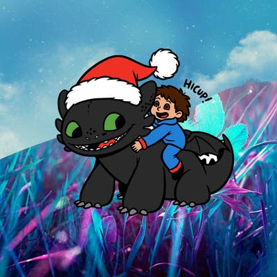 tooth less wearing a christmas hat with hick up the person on his back