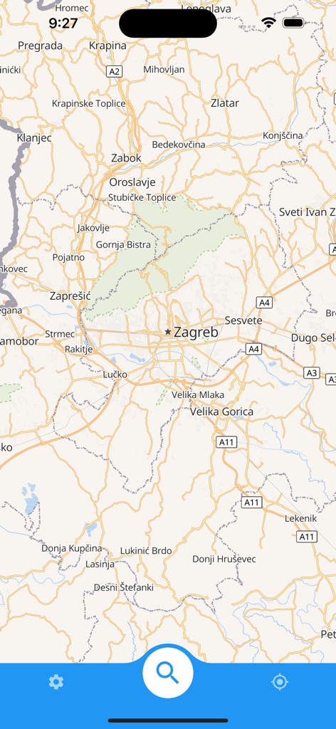 Vista della mappa offline di Zagabria con strumenti di ricerca e navigazione