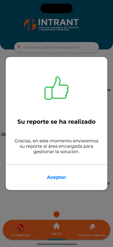 INTRANT RD - Erfolgsmeldungsbildschirm in der INTRANT RD App mit einem grünen Daumen-hoch-Symbol, das die Einreichung eines Berichts bestätigt.
