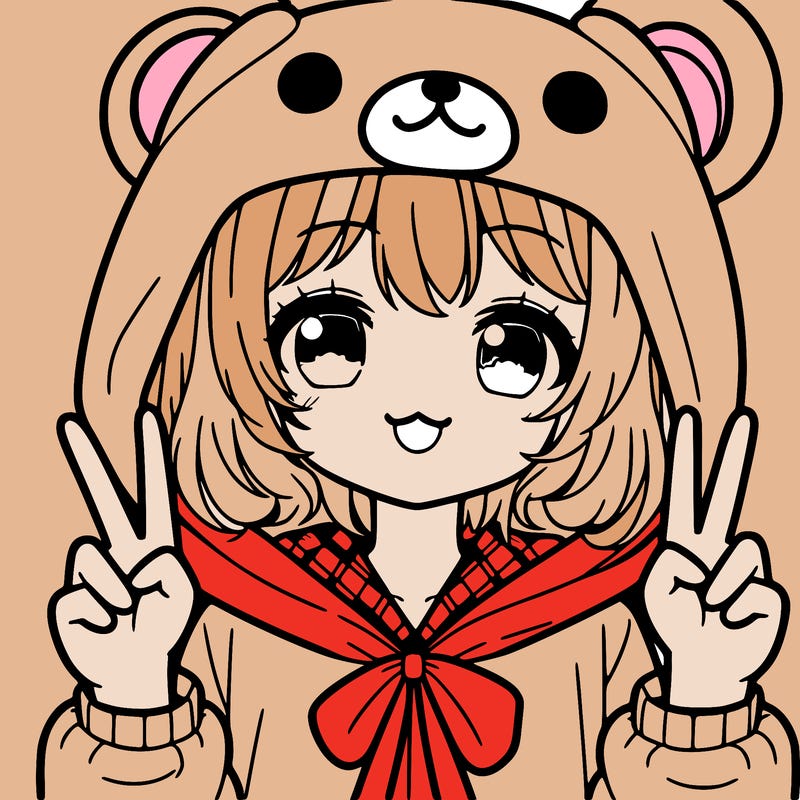 an anime girl in a kawaii bear suit holding up a peace sign