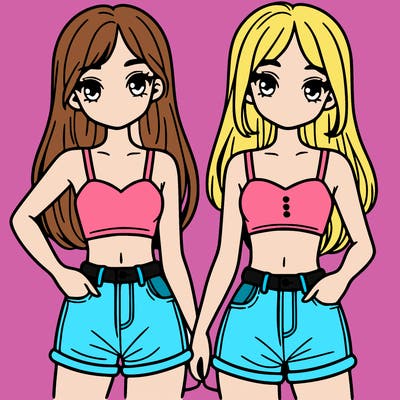 two sisters with crop tops and jean shorts and straight hair