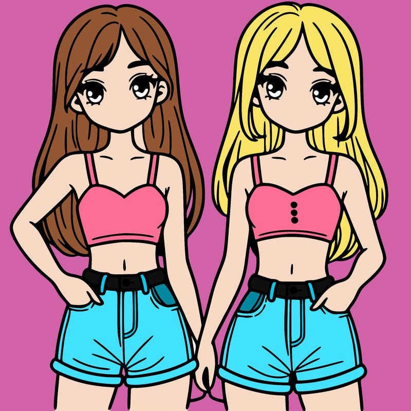 two sisters with crop tops and jean shorts and straight hair
