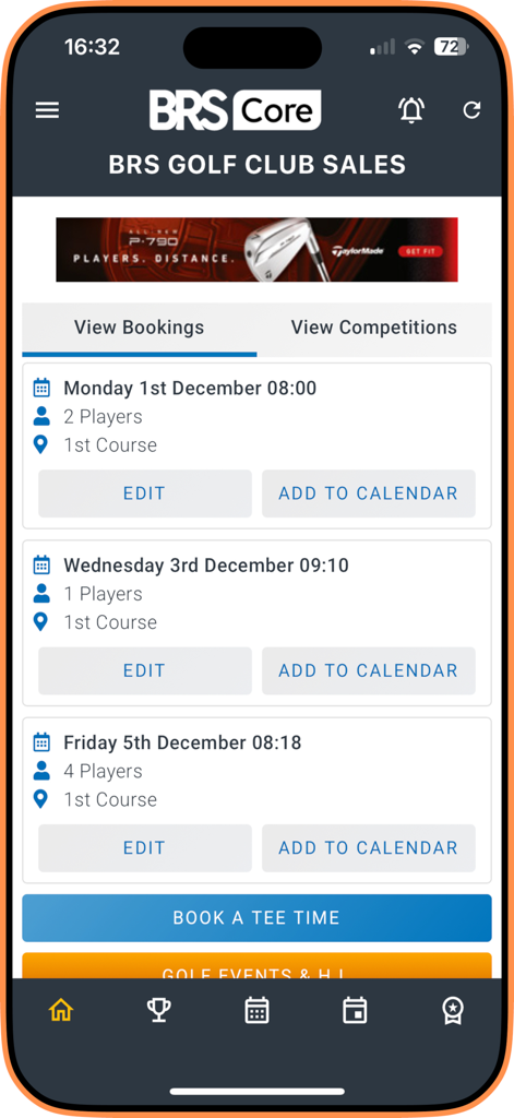 Interface of the BRS Golf app displaying upcoming tee time bookings with edit and add to calendar buttons