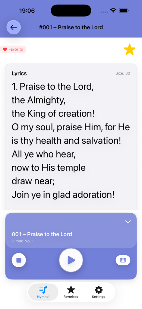 Official Adventist Hymnal - Aplicación Himnario Adventista mostrando la letra de 'Alabad a Dios' con controles del reproductor de audio