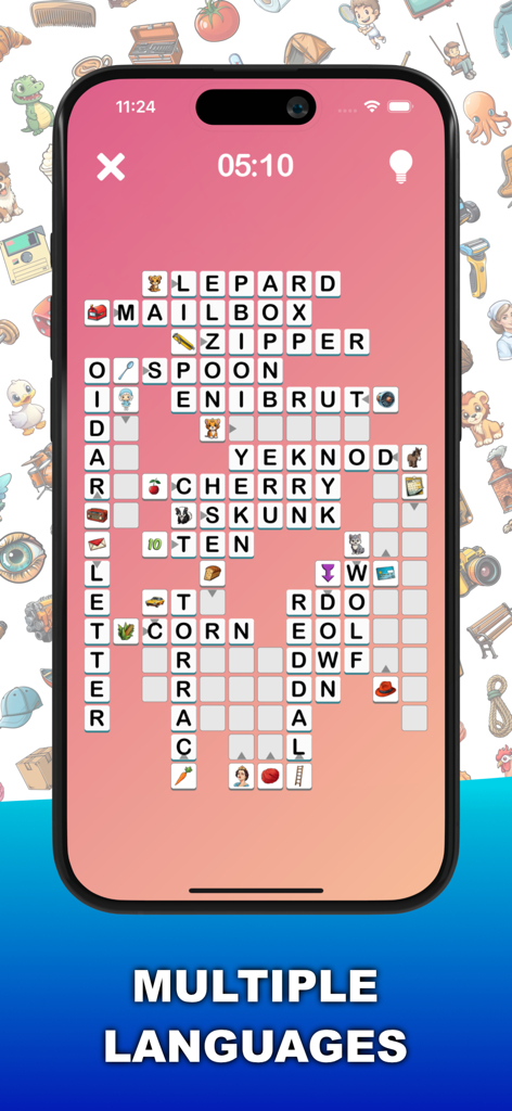 Word Detective - Captura de pantalla del juego de Word Detective mostrando un crucigrama basado en iconos y el texto Múltiples Idiomas