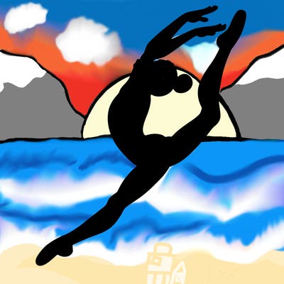 gymnast doing a leap in a leotard with a bent back leg