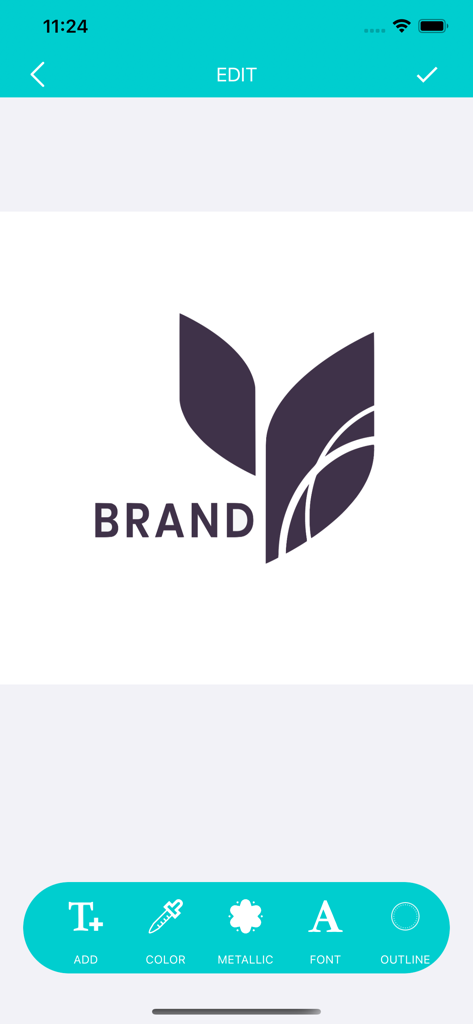 Logo Maker - Create Design - Interface de edição de aplicativo móvel mostrando um logo de ícone de folha e ferramentas de design como opções de fonte e cor