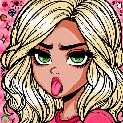 realistic annoyed girl with tongue out with waves hair