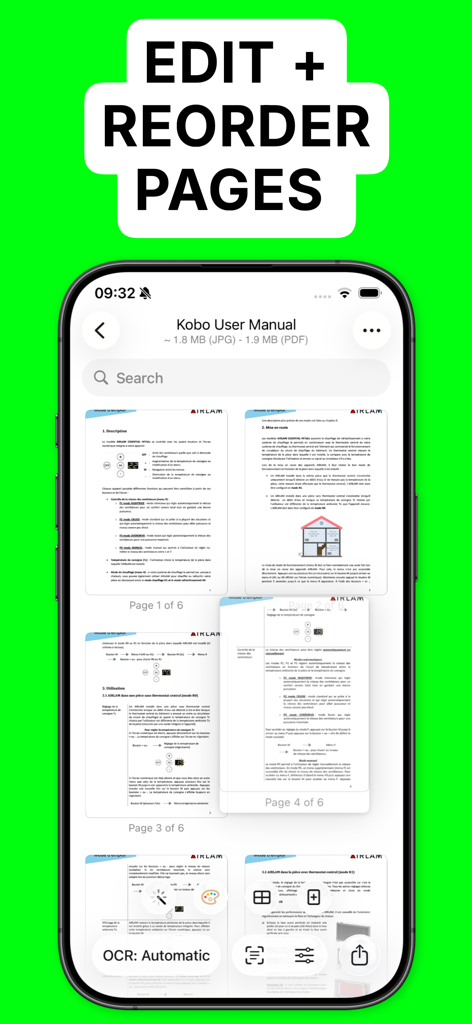 Interface of QuickScan app showing the edit and reorder pages feature for a scanned document