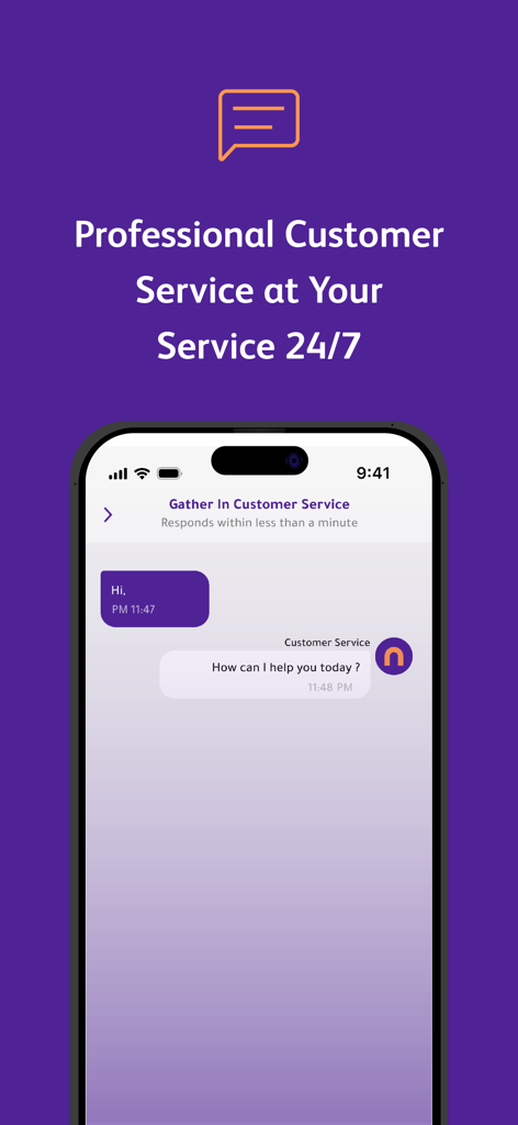 Gathern جاذر إن - Screen showing Gathern app 24/7 customer service chat interface