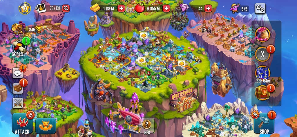 Monster Legends - Battle Game - Una colorida vista general de las islas flotantes y hábitats de monstruos en el juego Monster Legends.