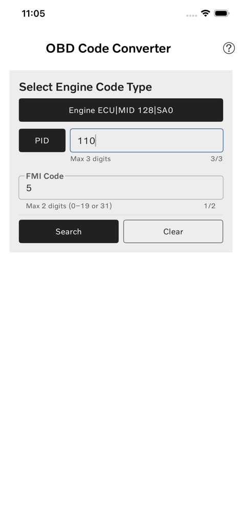 Search screen for engine diagnostic codes in the Prevost OBD Code Converter app showing PID and FMI fields