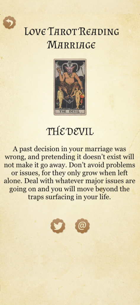 Screenshot of Love Tarot Reading app showing a marriage reading for The Devil card with relationship advice text on a parchment background.