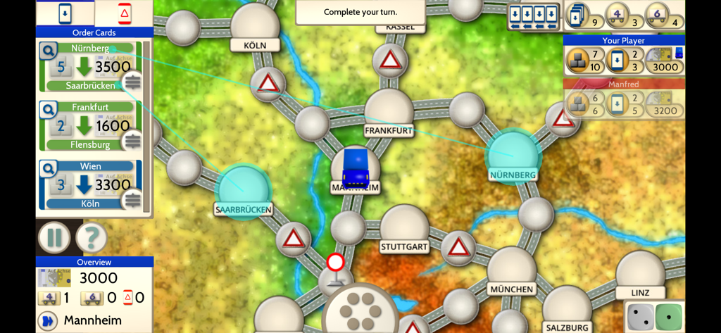 Auf Achse Board Game - Gameplay of Auf Achse board game showing the map with cities and truck transport routes.