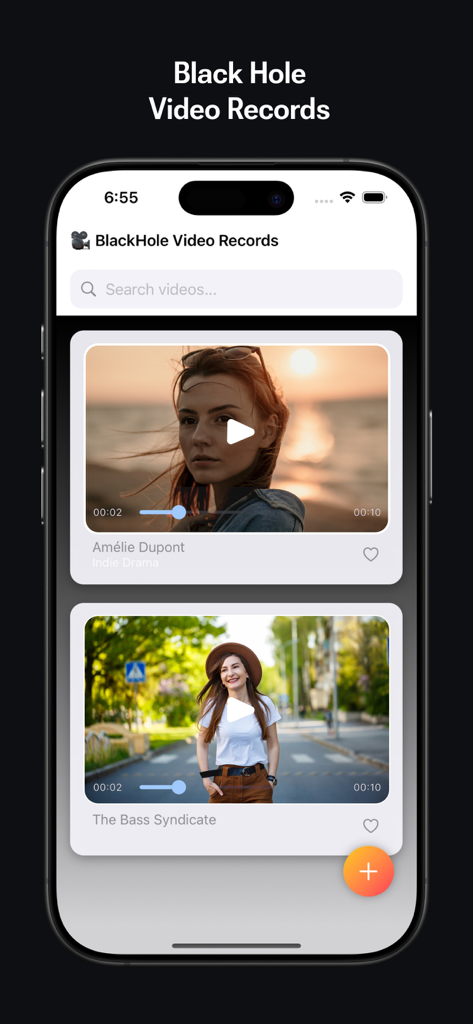 Mobile app interface of Black Ball 2025 showing a curated list of videos with metadata and search bar