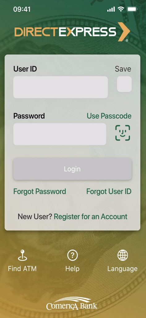 Direct Express Mobile app login screen with User ID and Password fields