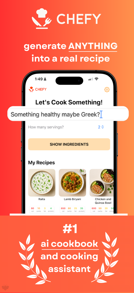 Chefy - AI Cooking Assistant - Chefy AI cooking assistant interface for generating custom recipes like healthy Greek food with nutritional data.