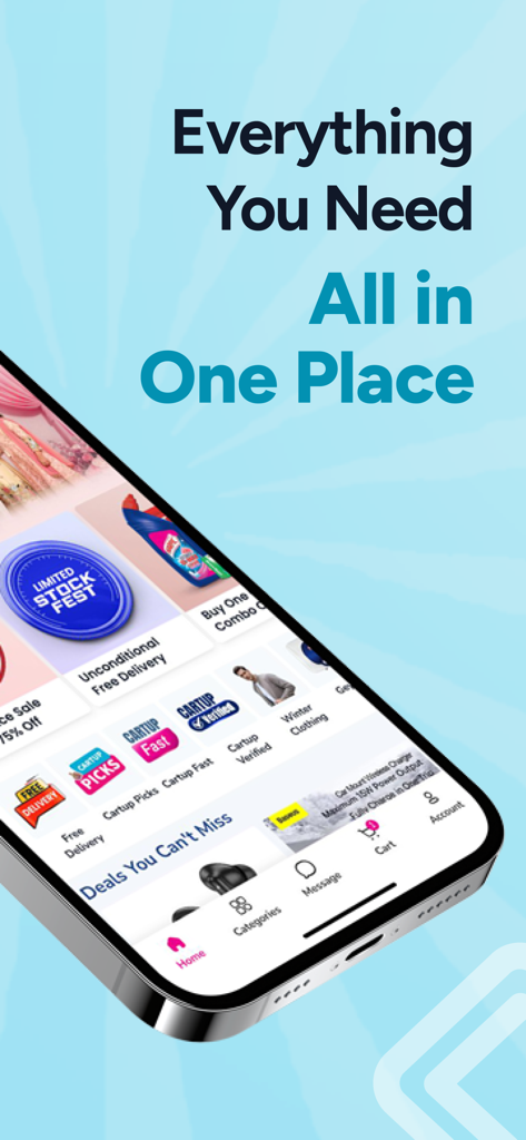 Cartup: Online Shopping - Cartup mobile app home screen showing product categories and deals with the headline Everything You Need All in One Place