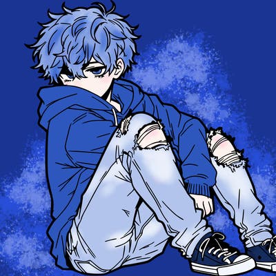 a male hoddie ripped jeans messy hair anime