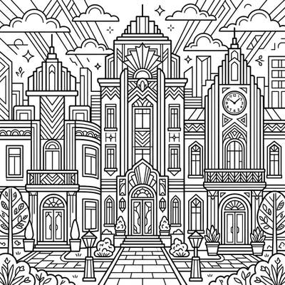 Ignite your toddler's creativity with this captivating Art Deco mansion coloring page. Designed with ultra-thick lines and large shapes, it's perfect for developing fine motor skills while exploring beautiful architectural styles.