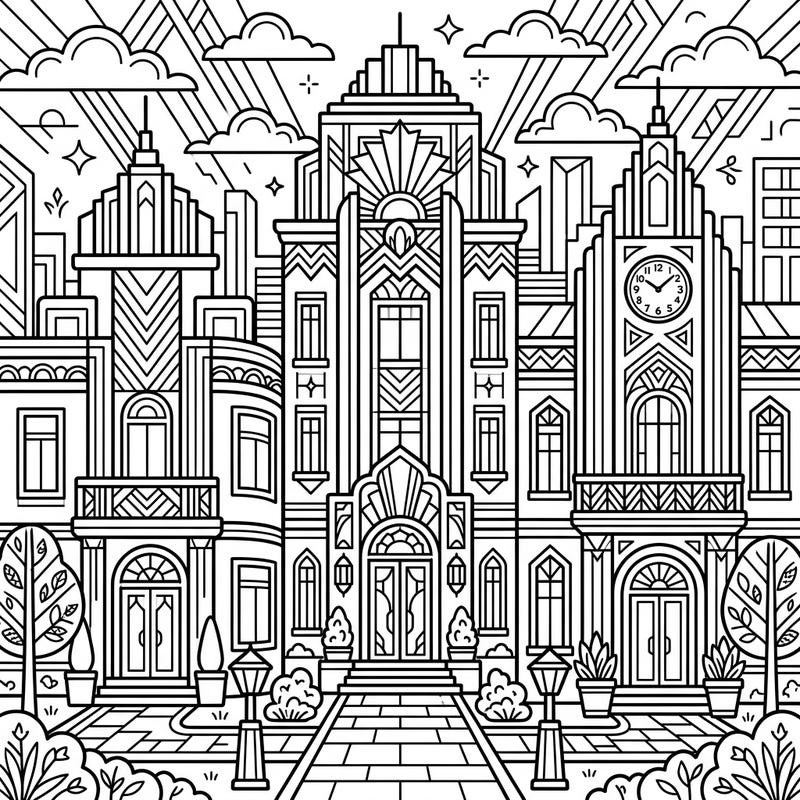Ignite your toddler's creativity with this captivating Art Deco mansion coloring page. Designed with ultra-thick lines and large shapes, it's perfect for developing fine motor skills while exploring beautiful architectural styles.