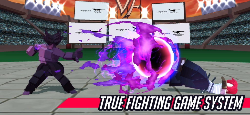 Vita Fighters - Block-style character performing a purple energy blast special move in a stadium arena in Vita Fighters.